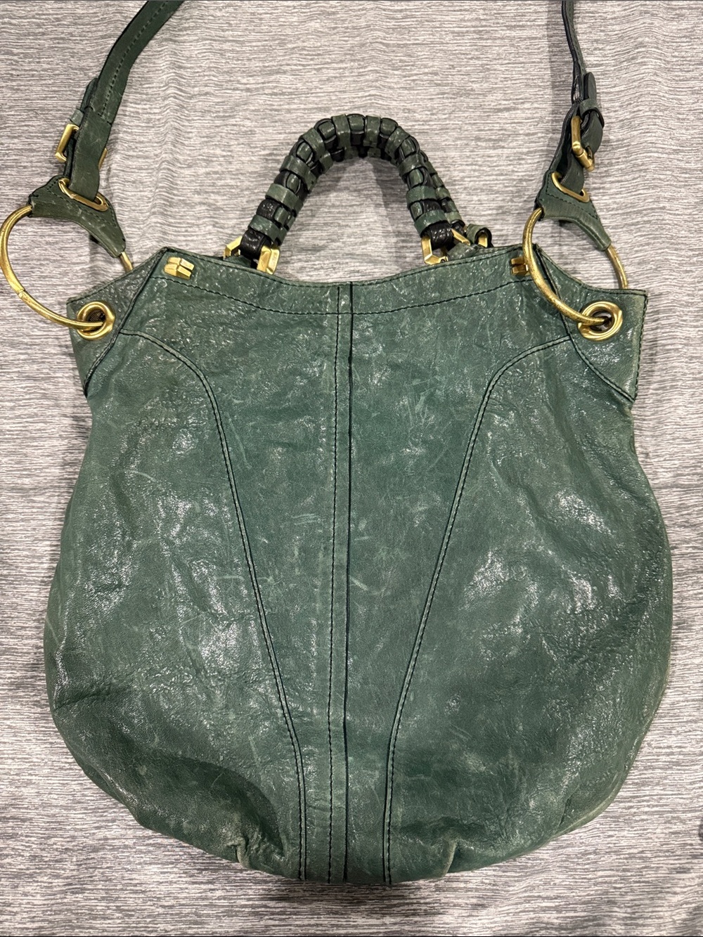 orYANY Dark Green Leather Shoulder Bag with Braided Handle and Brass Hardware